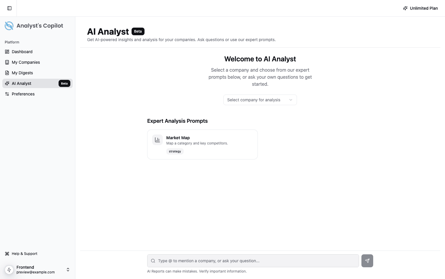AI Analyst with expert analysis prompts and company selection