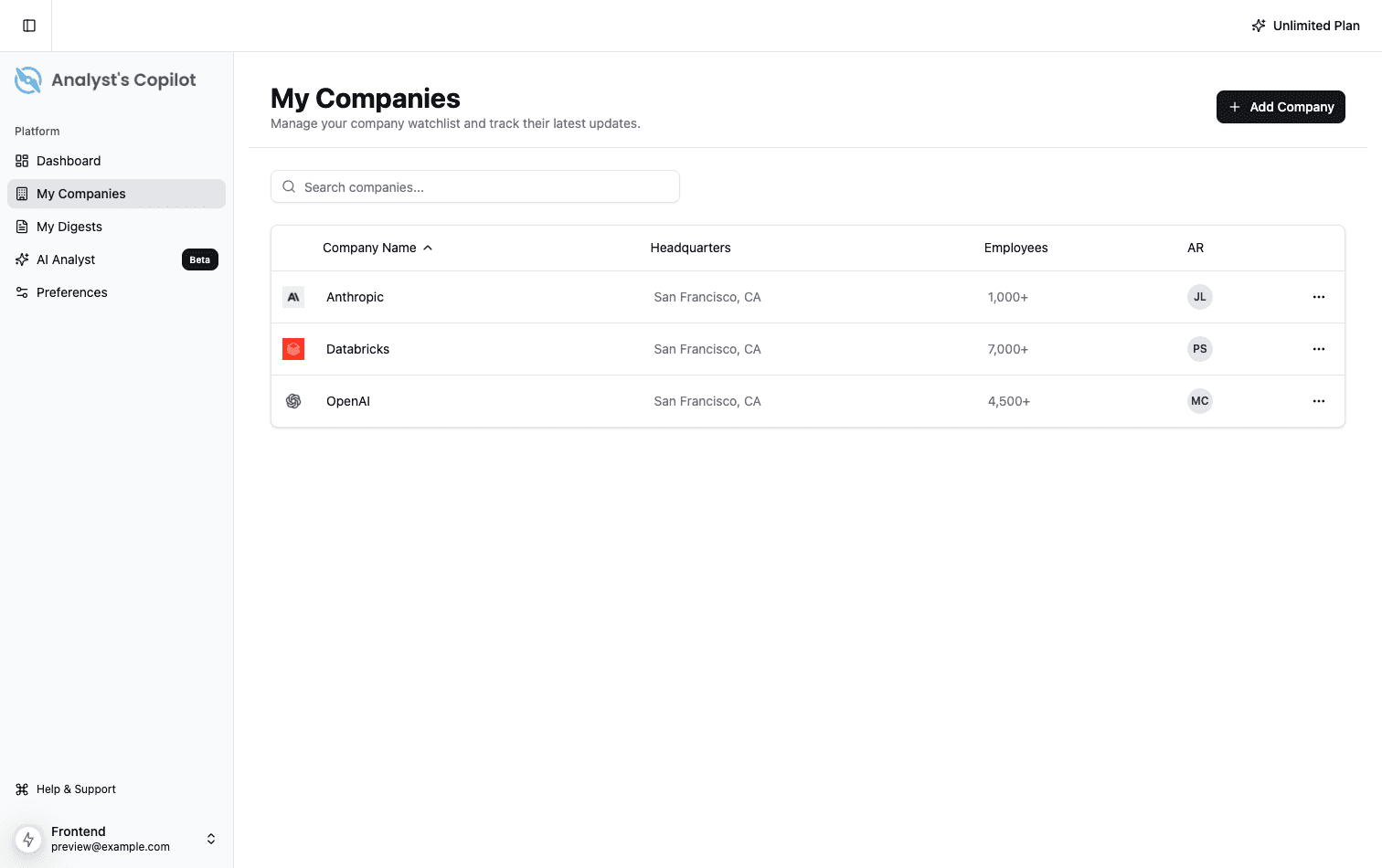 Company watchlist tracking Anthropic, Databricks, and OpenAI