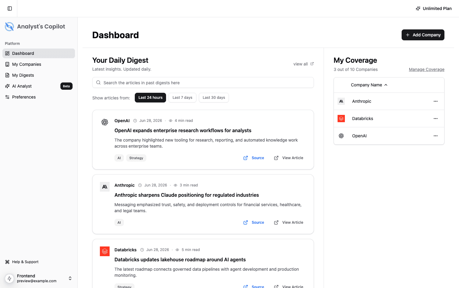 Analyst's Copilot dashboard showing the daily digest and company coverage